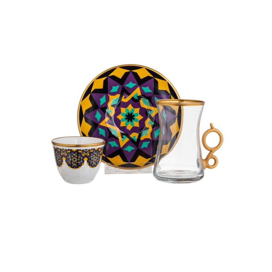 Turkish glass tea and coffee set 18 pieces purple gold