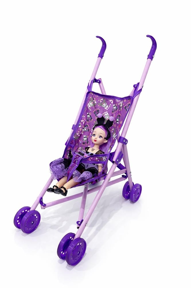 Kuromi Theme Baby Doll Stroller Playset with Fashion Doll – Foldable Toy Pram for Girls with Light & Music – Purple 51cm