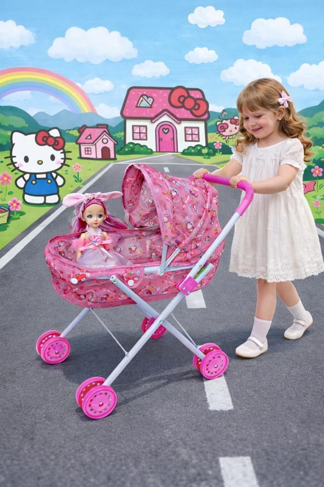 Foldable Musical Baby Doll Stroller Set with Light & Music - Sanrio My Melody & Kuromi Theme - Pink Role Play Toy for Girls