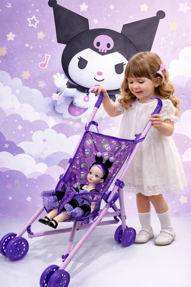 Kuromi Theme Baby Doll Stroller Playset with Fashion Doll – Foldable Toy Pram for Girls with Light & Music – Purple 51cm