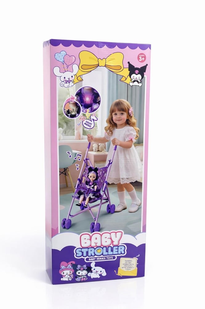 Kuromi Theme Baby Doll Stroller Playset with Fashion Doll – Foldable Toy Pram for Girls with Light & Music – Purple 51cm