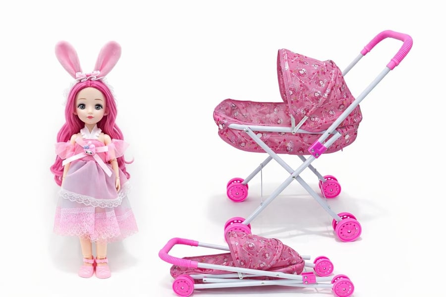 Foldable Musical Baby Doll Stroller Set with Light & Music - Sanrio My Melody & Kuromi Theme - Pink Role Play Toy for Girls