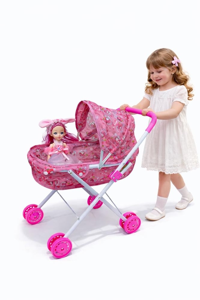 Foldable Musical Baby Doll Stroller Set with Light & Music - Sanrio My Melody & Kuromi Theme - Pink Role Play Toy for Girls