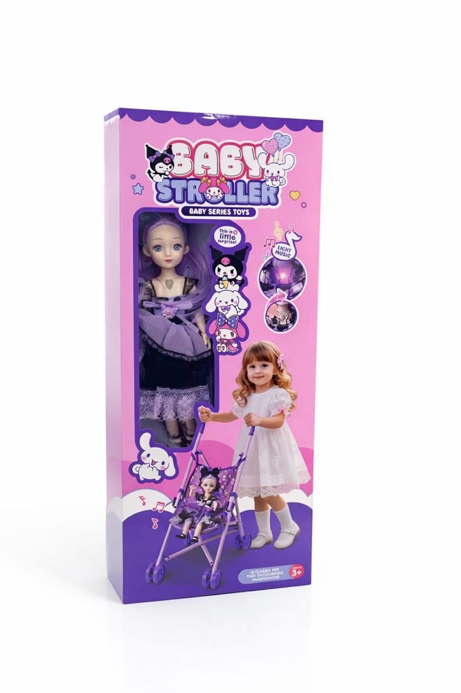 Kuromi Theme Baby Doll Stroller Playset with Fashion Doll – Foldable Toy Pram for Girls with Light & Music – Purple 51cm
