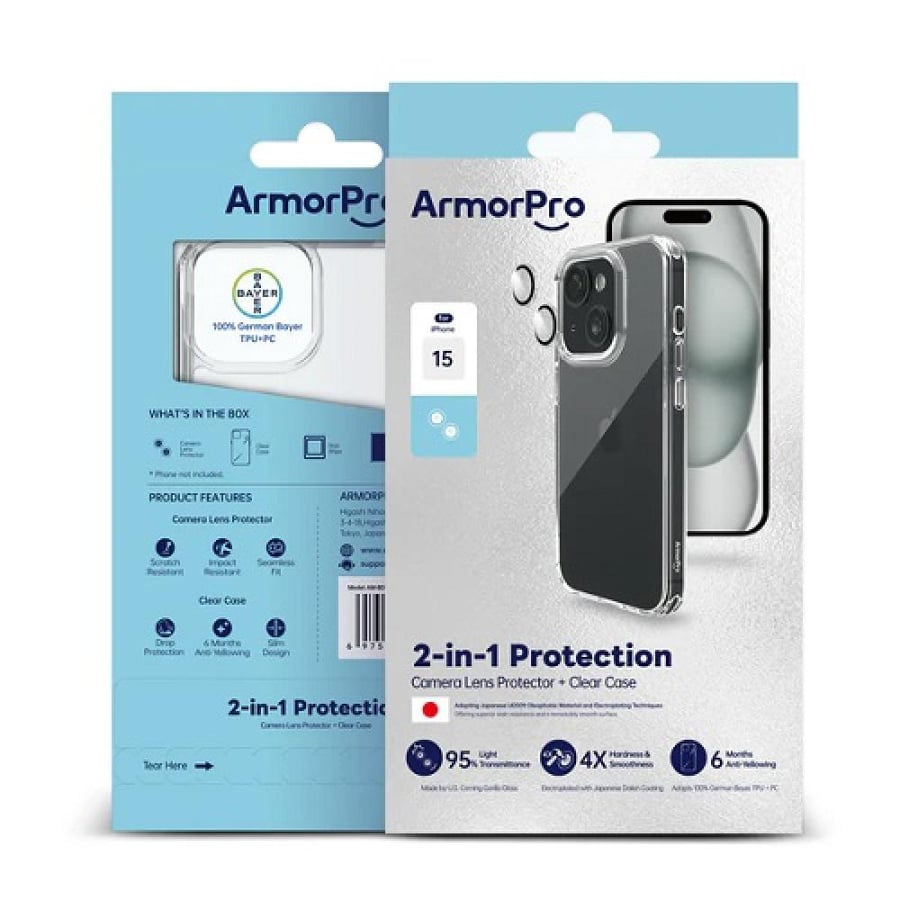 بكج كفر وعدسات شفاف ايفون 15 بلس من ArmorPro