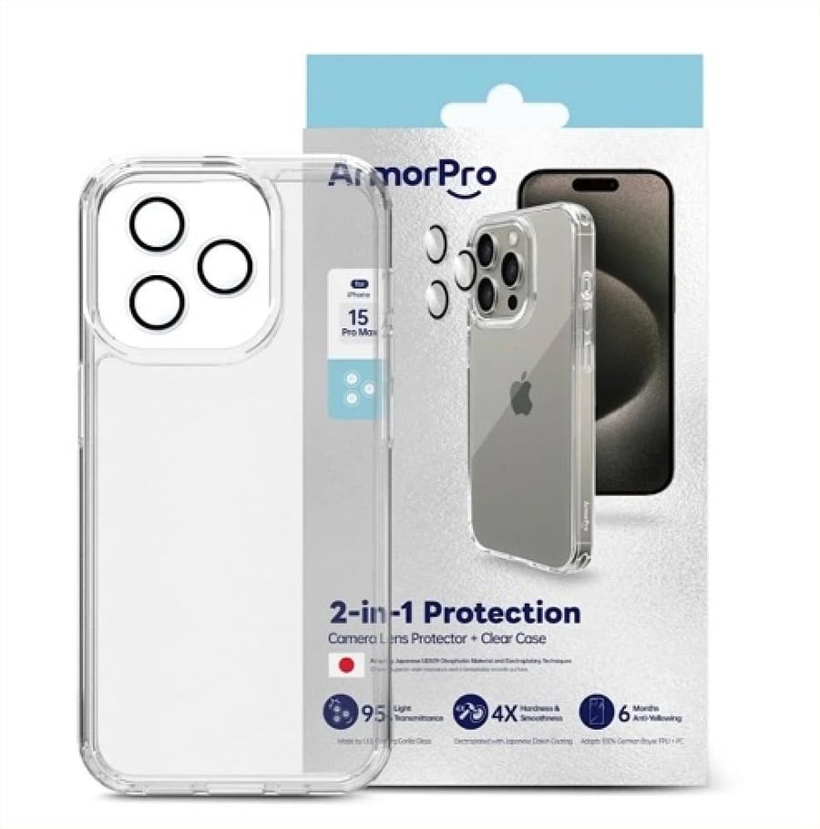 بكج كفر وعدسات شفاف ايفون 15 برو ماكس من ArmorPro