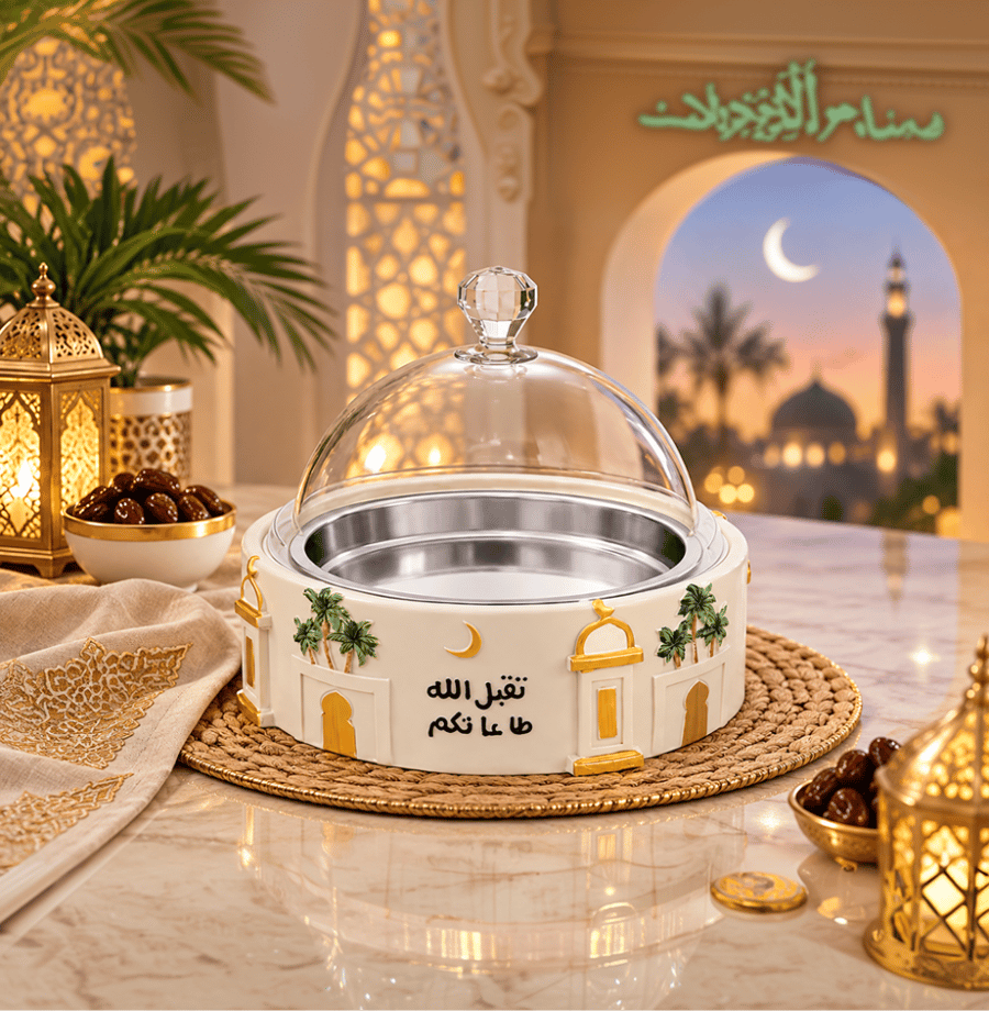 صينية فخار مع صحن استيل وغطاء شفاف