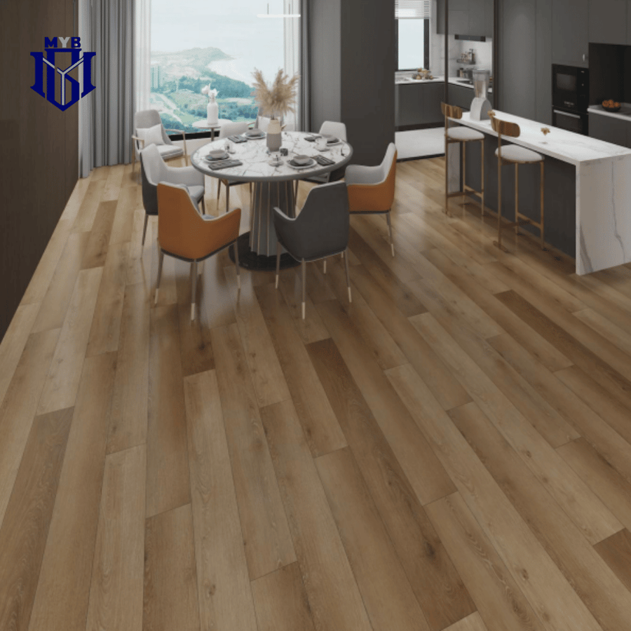 أرضيات باركيه بني كلاسيكي دافئ في صاله مفتوحة على مطبخ بتصميم غربي