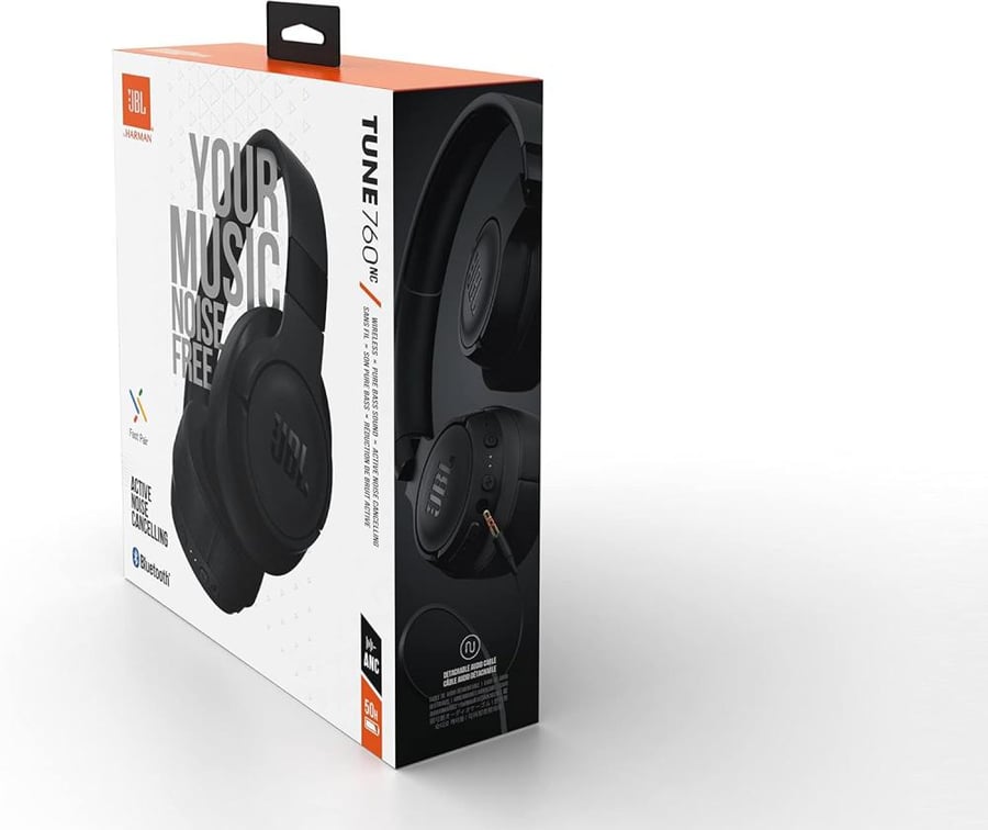 JBL سماعات راس لاسلكية فوق الاذن من تون 760BT بصوت جهوري نقي قوي وخاصية ايه ان سي + اوير المحيط بطارية 50 ساعة مكالمات بدون استخدام اليدين مساعد صوتي اقتران سريع - اسود JBLT760NCBLK