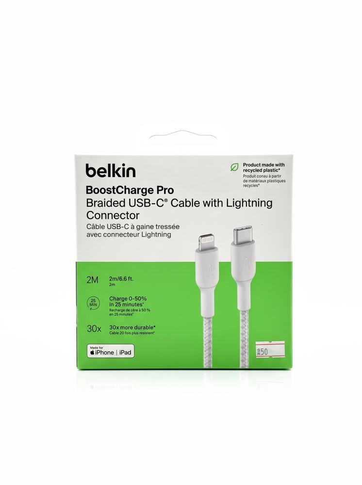 كيبل بيلكين بوست تشارج برو قماش مضفر تايب سي إلى لايتنينج بطول 2 متر (Belkin BoostCharge Pro Braided USB-C to Lightning Cable 2M CAA004)