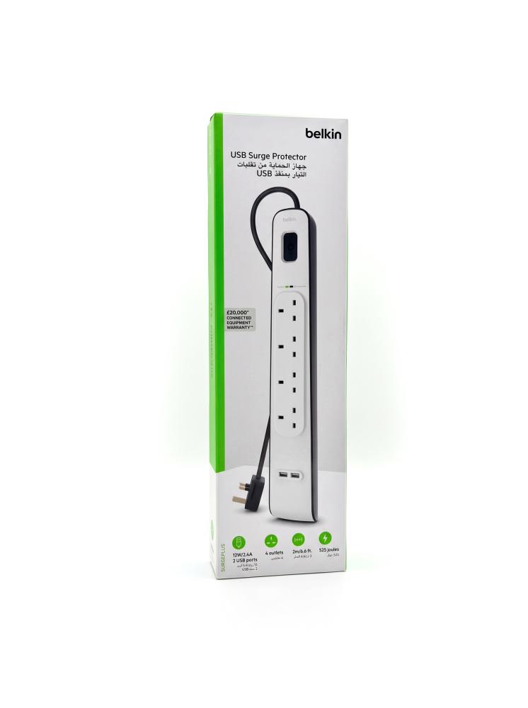 توصيلة كهربائية بيلكين 4 منافذ مع منفذين USB وطول 2 متر لحماية الأجهزة (Belkin Surge Protector BSV401)