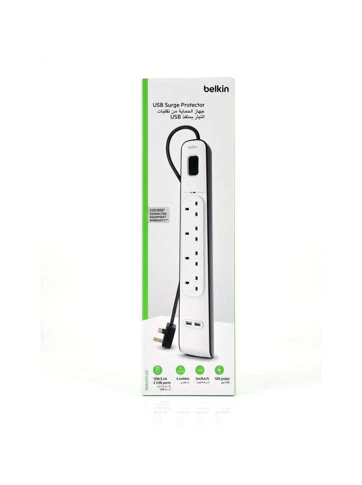 توصيلة كهربائية بيلكين 4 منافذ مع منفذين USB وطول 2 متر لحماية الأجهزة (Belkin Surge Protector BSV401)