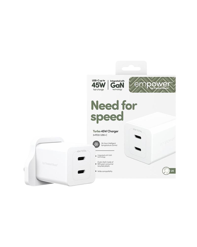 شاحن جداري سريع 45 واط بتقنية GaN من بانزر جلاس (Empower by PanzerGlass 45W GaN Charger)