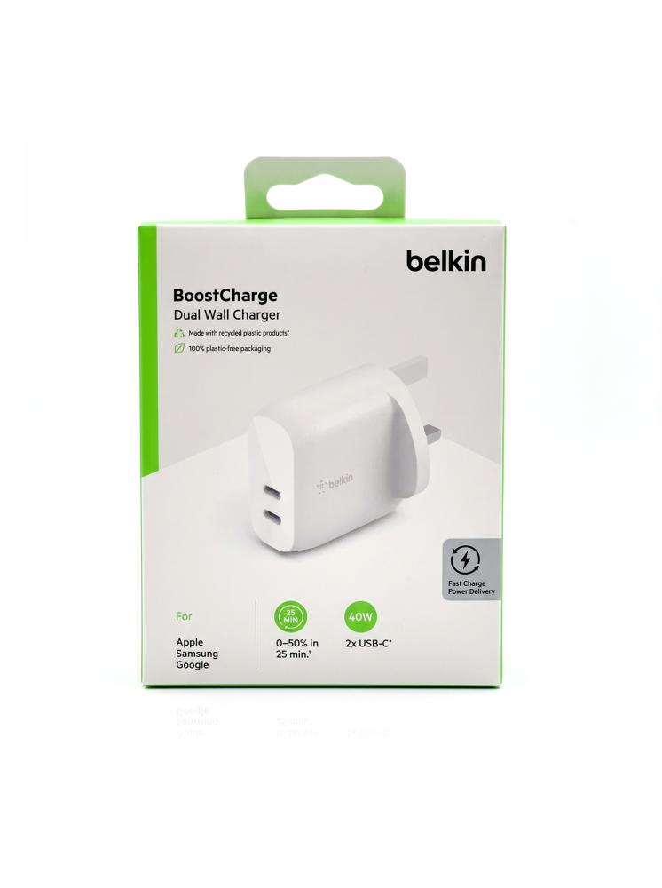 فيش جداري بيلكين بوست تشارج بمنفذين تايب سي بقدرة إجمالية 20 واط (Belkin BoostCharge Dual USB-C Wall Charger 20W WCB006)