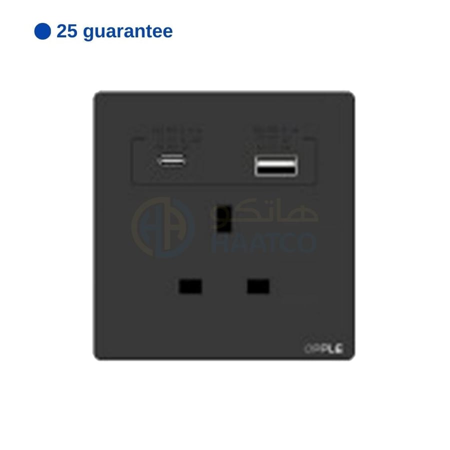 فيش مفرد 13 أمبير مع منفذين USB-TYPE C أوبل أسود