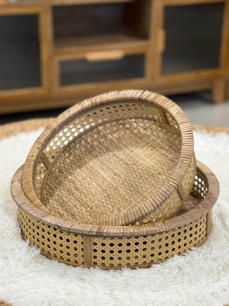 صينية تقديم راتان خشب دائرية