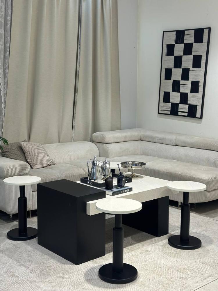 طقم طاولات قاعدة خشب سنديان اسود وسطح بديل الرخام1+6