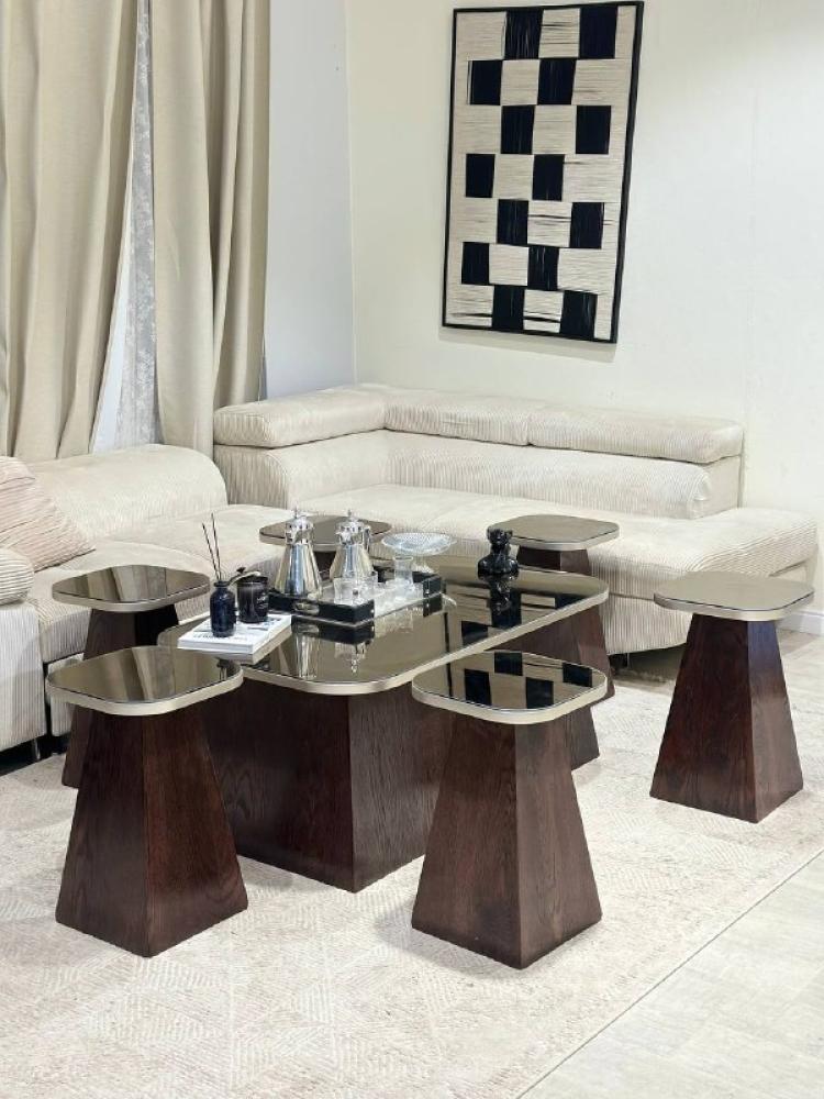 طقم طاولة وسط فاخر مع 6 طاولات خدمة | خشب سنديان بني وسطح زجاج