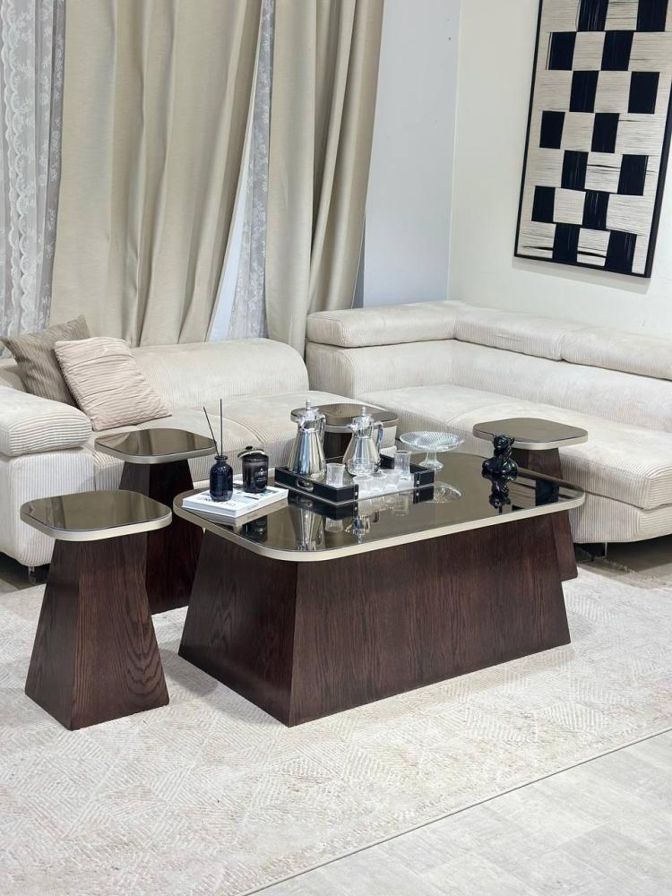 طقم طاولة وسط فاخر مع 6 طاولات خدمة | خشب سنديان بني وسطح زجاج