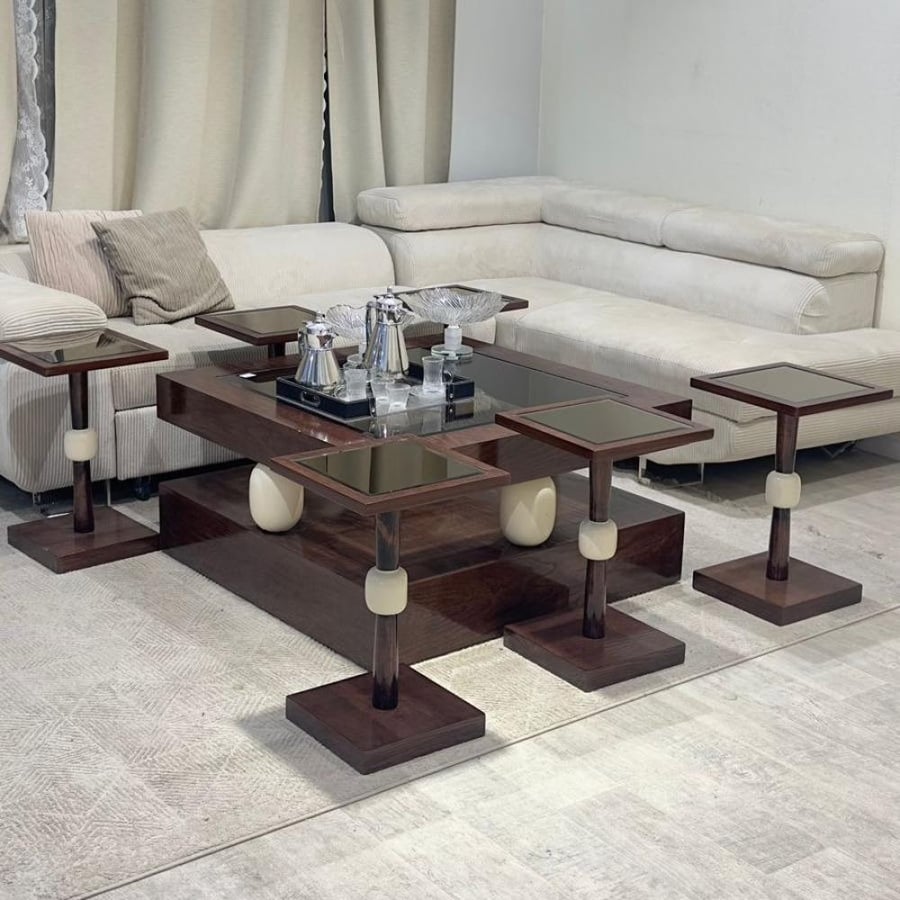 طقم طاولات خشب سنديان سطح زجاج لون بني محروق