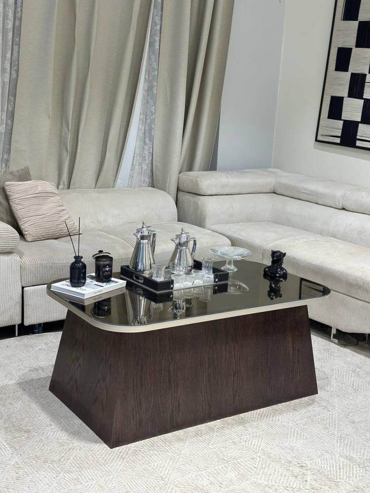 طقم طاولة وسط فاخر مع 6 طاولات خدمة | خشب سنديان بني وسطح زجاج