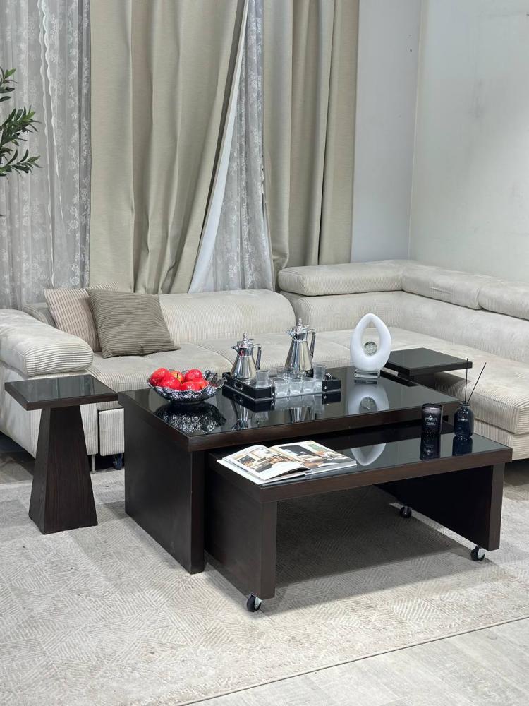 طقم طاولتين متداخلتين مستطيل – لون بني خشب سنديان بسطح زجاج مع 6 طاولات خدمة