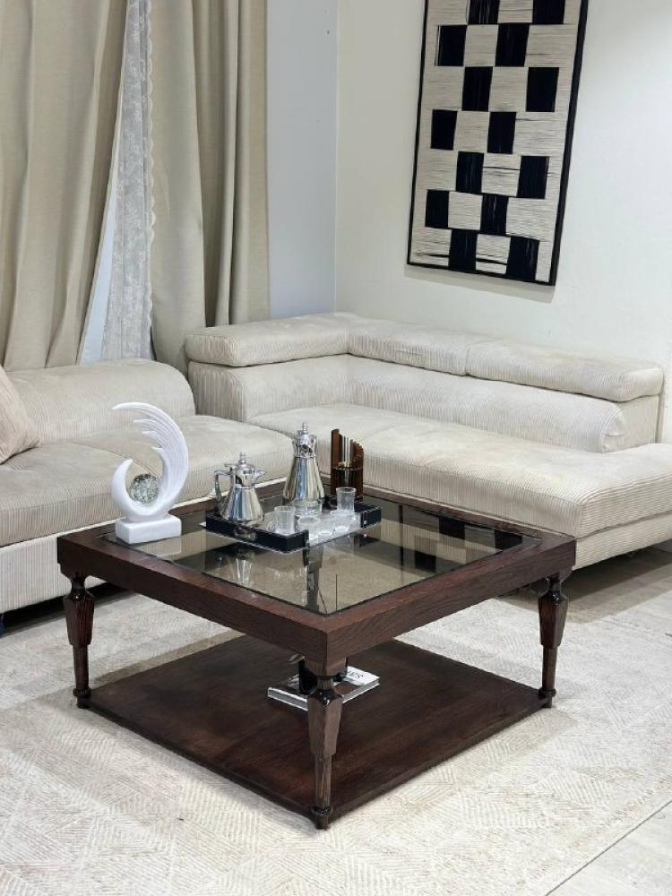طقم طاولة ضيافة دورين مع 6 طاولات خدمة – خشب سنديان بسطح زجاج