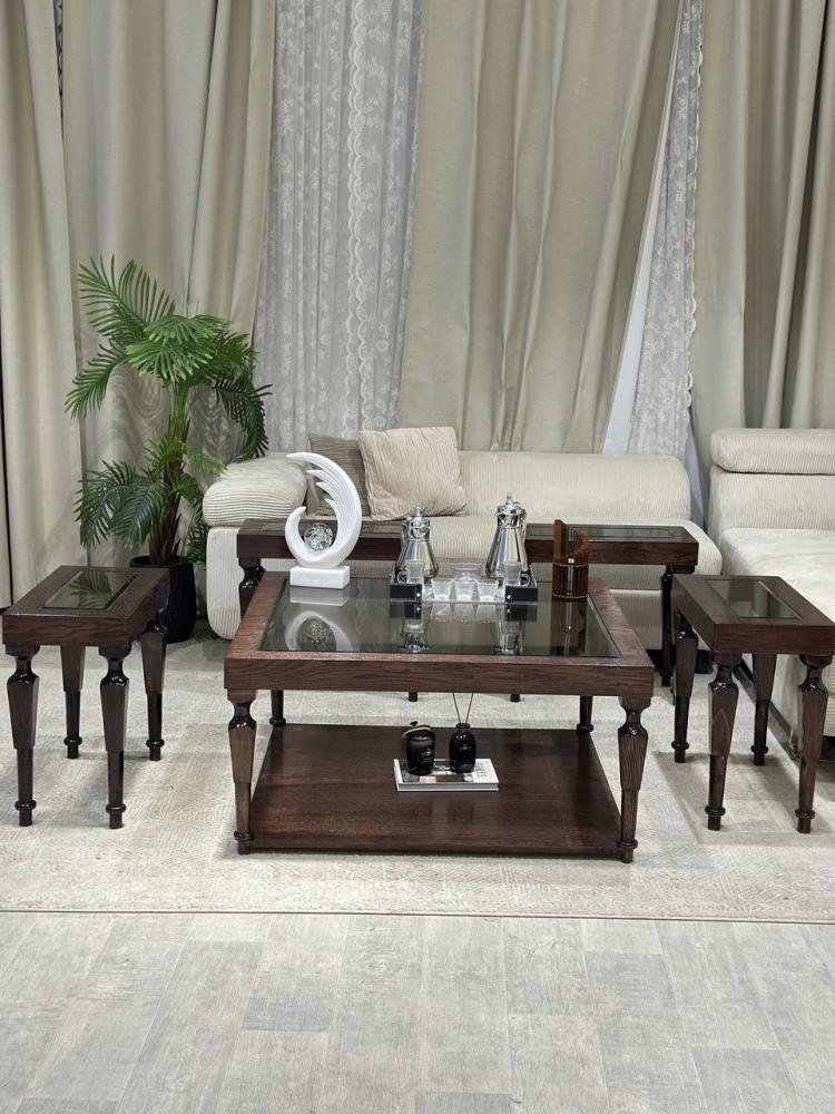 طقم طاولة ضيافة دورين مع 6 طاولات خدمة – خشب سنديان بسطح زجاج