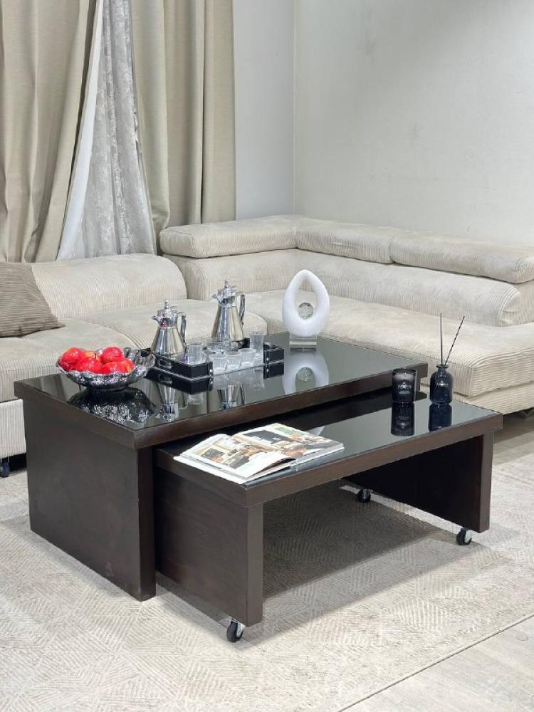 طقم طاولتين متداخلتين مستطيل – لون بني خشب سنديان بسطح زجاج مع 6 طاولات خدمة