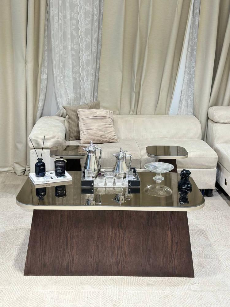 طقم طاولة وسط فاخر مع 6 طاولات خدمة | خشب سنديان بني وسطح زجاج