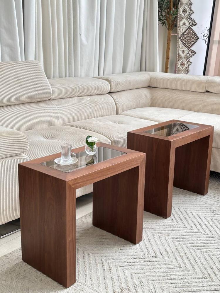 طقم طاولات بشريط قشر جوز سطح زجاج شفاف