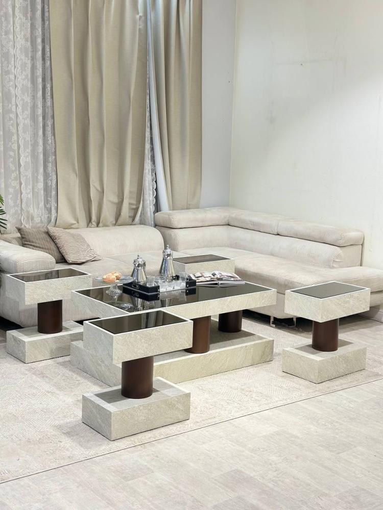 طقم طاولة ضيافة بديل الرخام مع 4 طاولات خدمة – تصميم عصري وفاخر