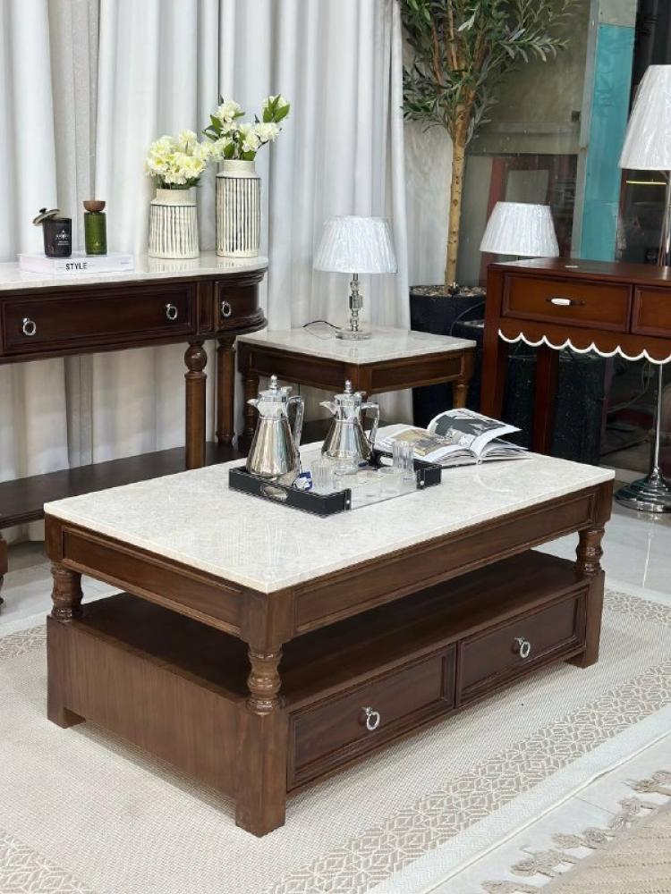 طقم طاولة قهوة فاخر مع 4 طاولات خدمة سطح رخام – تصميم كلاسيكي بلمسات عصرية