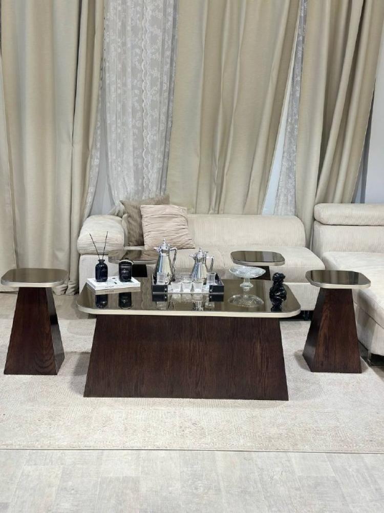 طقم طاولة وسط فاخر مع 6 طاولات خدمة | خشب سنديان بني وسطح زجاج