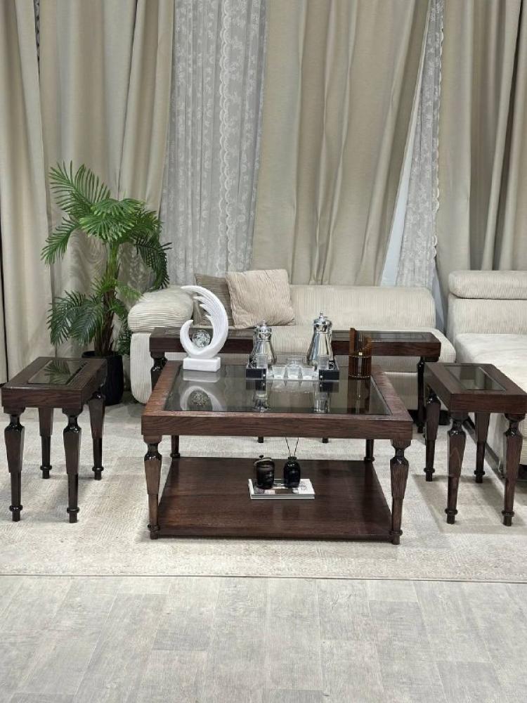 طقم طاولة ضيافة دورين مع 6 طاولات خدمة – خشب سنديان بسطح زجاج