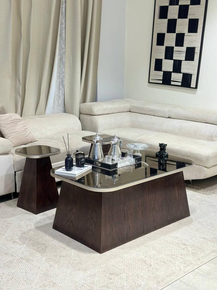 طقم طاولة وسط فاخر مع 6 طاولات خدمة | خشب سنديان بني وسطح زجاج