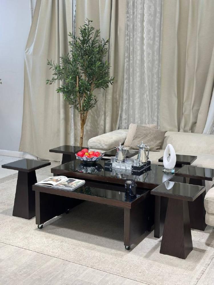 طقم طاولتين متداخلتين مستطيل – لون بني خشب سنديان بسطح زجاج مع 6 طاولات خدمة