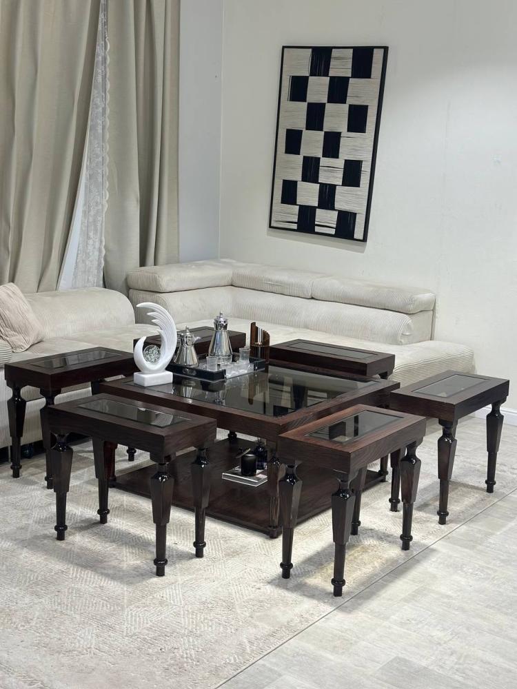 طقم طاولة ضيافة دورين مع 6 طاولات خدمة – خشب سنديان بسطح زجاج