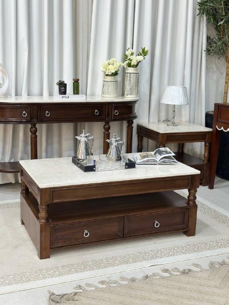طقم طاولة قهوة فاخر مع 4 طاولات خدمة سطح رخام – تصميم كلاسيكي بلمسات عصرية
