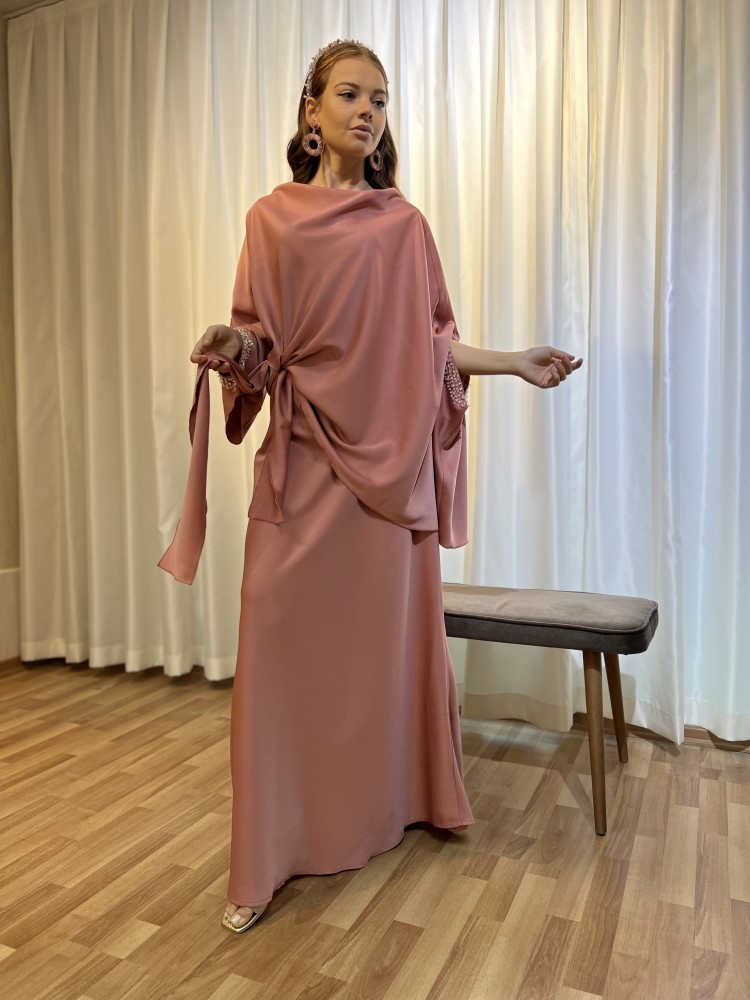 CYDA طقم حرير كريب بشك على الأكمام “وردي"