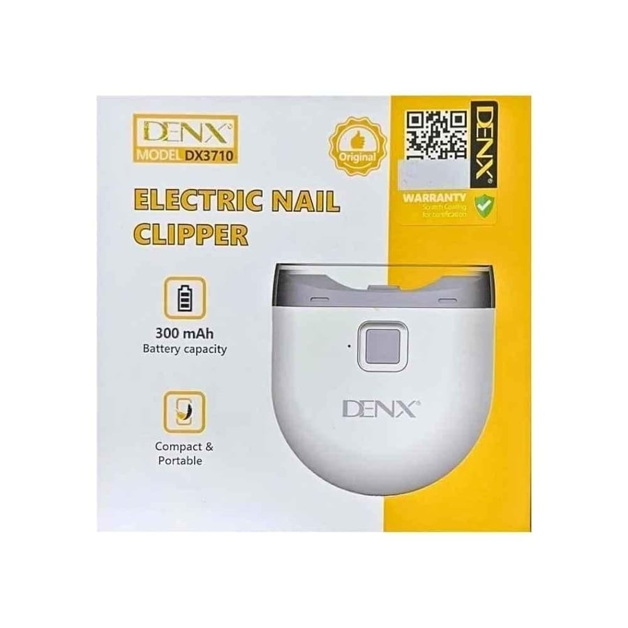 مقص اظافر كهربائي DENX موديل DX3710 على عبوة المنتج البيضاء والصفراء