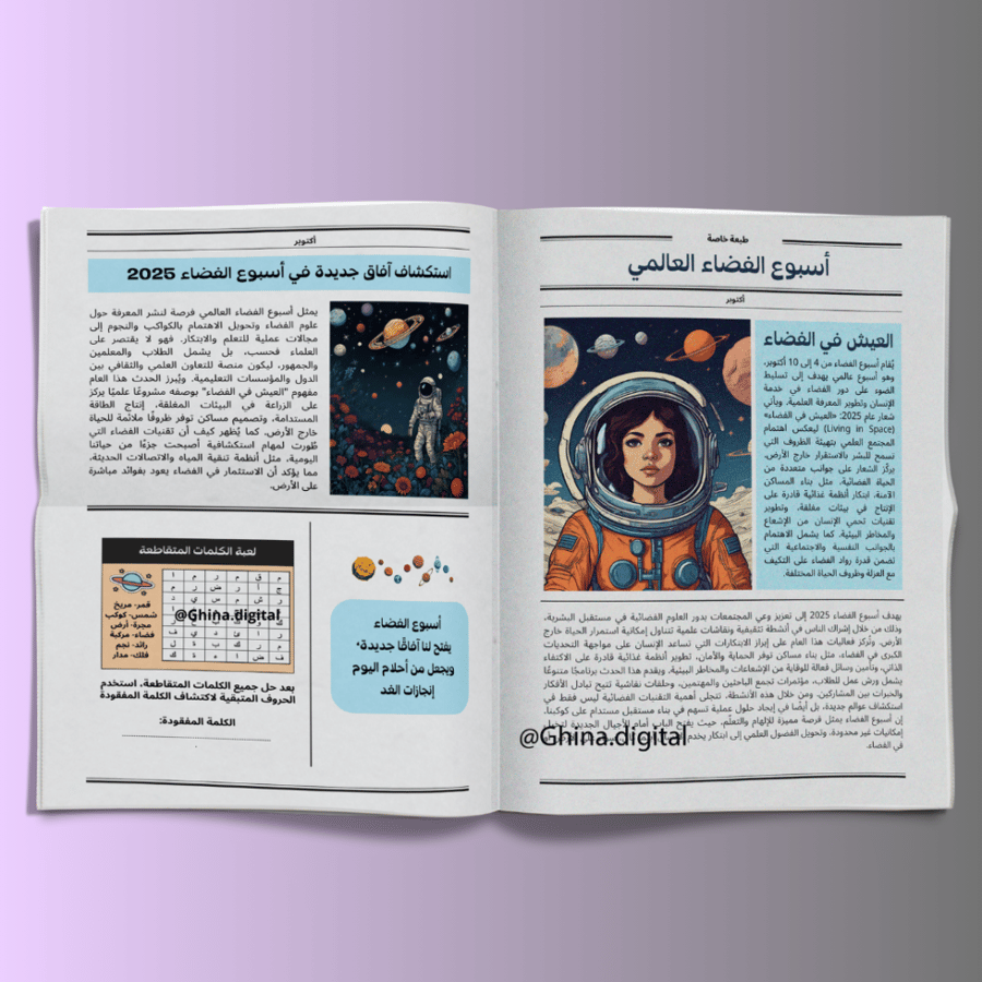 تصميم جريدة أسبوع الفضاء  2025 باللغة العربية مع كتابة الاسم