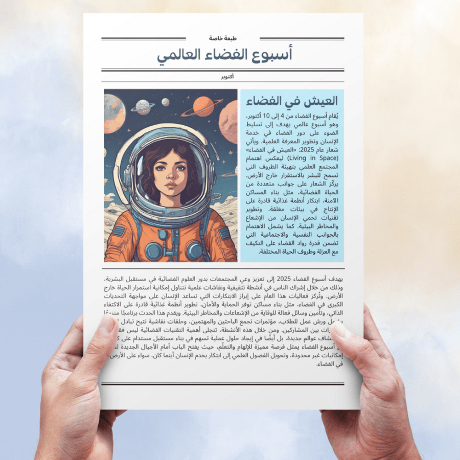 تصميم جريدة أسبوع الفضاء  2025 باللغة العربية مع كتابة الاسم