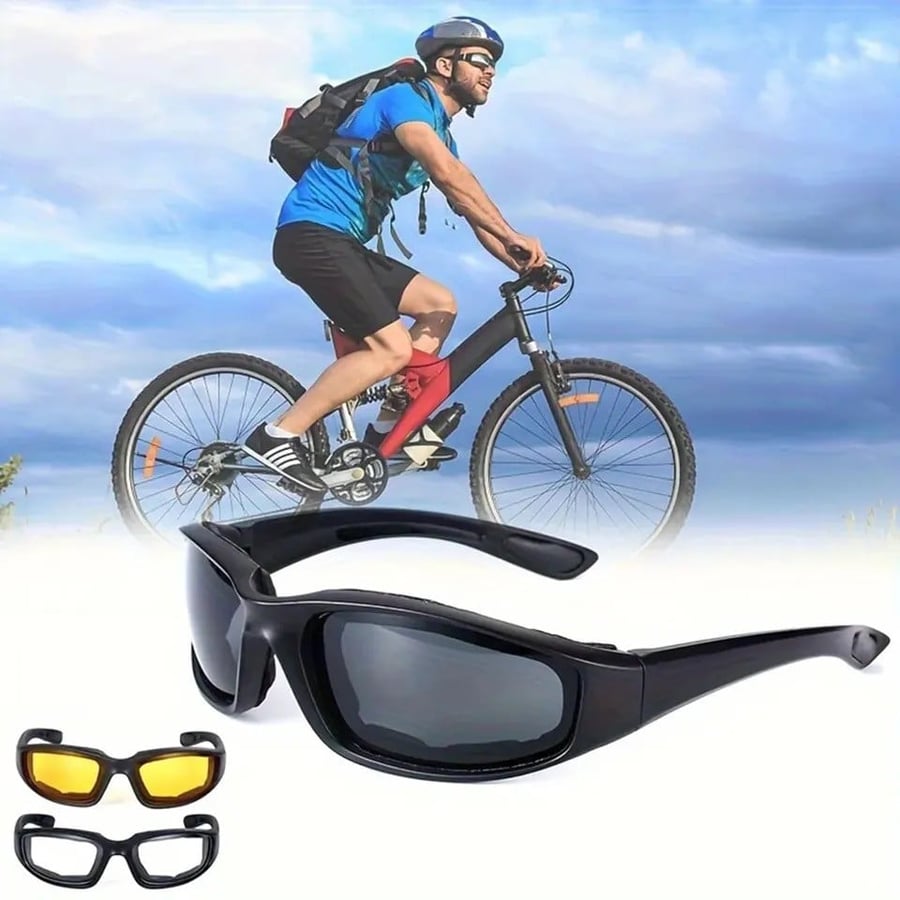 Eye protection glasses suitable for shooting or riding bicycles available with 3 different lenses