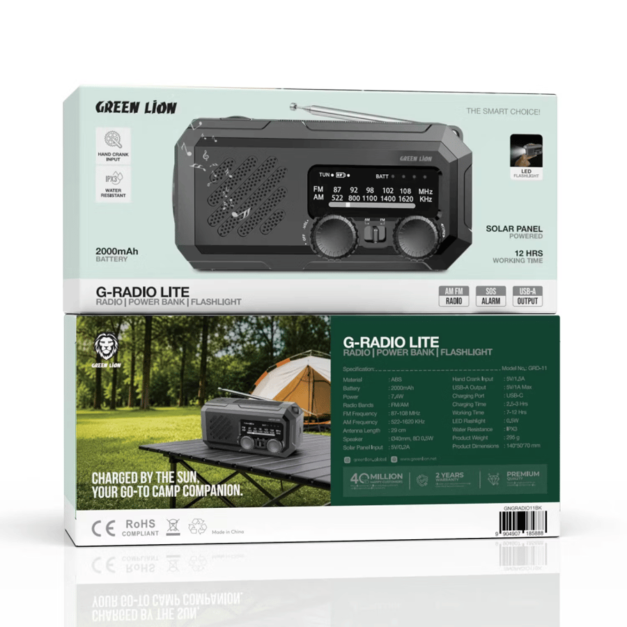 جرين ليون - راديو متنقل مع باور بانك 20000mAh أسود جرين ليون Green Lion G-Radio Lite 20000Mah Power Bank , Radio , Flashlight - Black