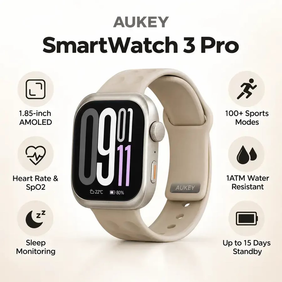 اوكي - ساعة AUKEY SW-3PRO الرياضية بحجم شاشة 1.85 إنش مع ذكاء اصطناعي (GPT) - بيج