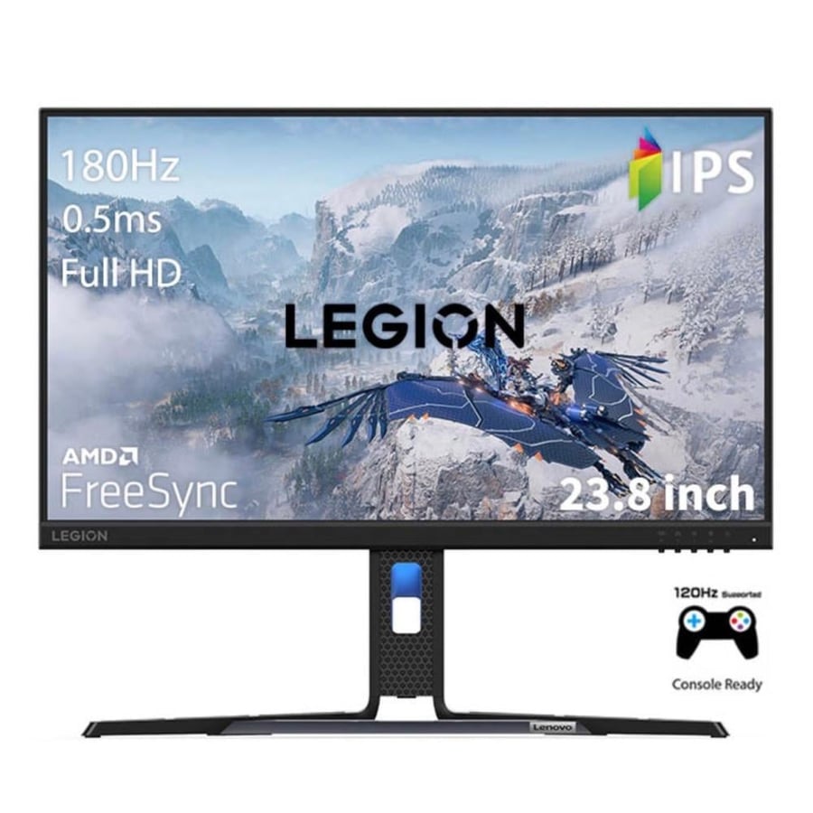 شاشة العاب لينوفو ليجون R24e مقاس 23.8 بوصة فل اتش دي 1920x1080، تقنية العرض IPS، معدل التحديث 180 هيرتز، سرعة الإستجابة 0.5 ملي ثانية، تقنية المزامنة فري سينك ، تدعم Xbox Series X / PS5، أستاند قابل للتعديل - اسود