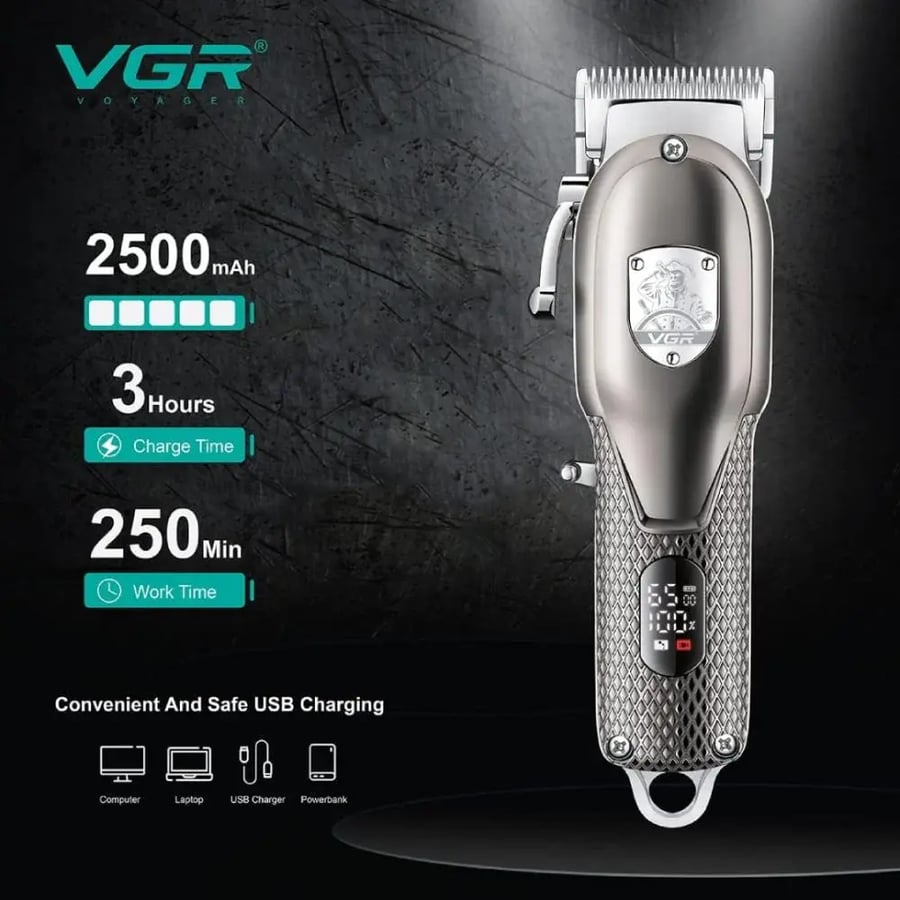 في جي آر - ماكينة قص شعر لاسلكية ببطارية 2500mAh للشعر واللحية V-276 - فضي