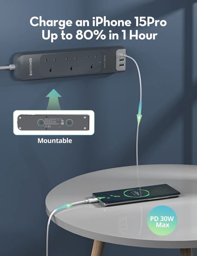 توصيلة راف باور 3 منافذ طاقة ومنفذين USB-A ومنفذ USB-C بطول 3 متر - رمادي