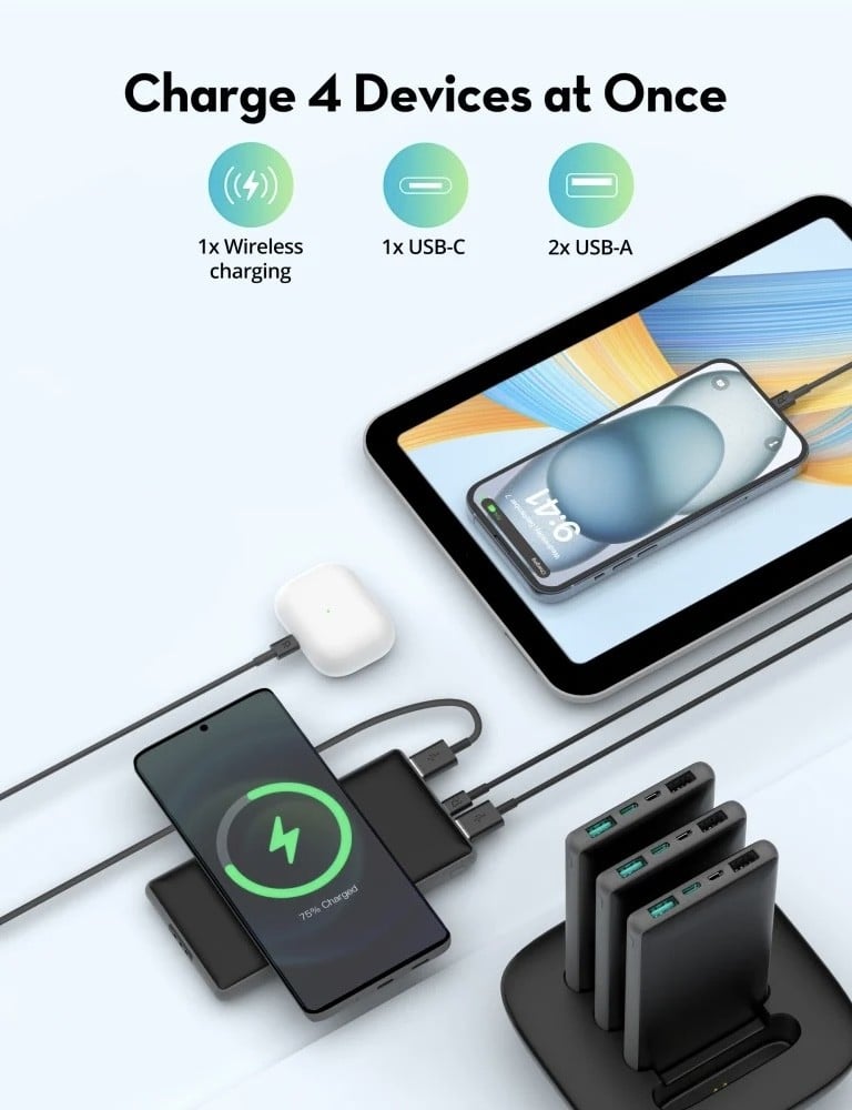 منصة راف باور 4 بطاريات بسعة 10000 ملي امبير شحن وايرلس ماج سيف و منفذين USB-A ومنفذ تايب سي ومنفذ مايكرو - اسود